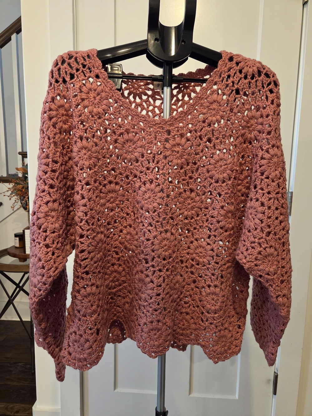 109. POL Crocheted V-Neck Openwork Sweater - Dusty Rose
